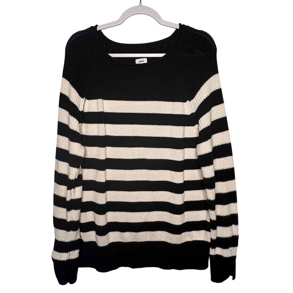 Aerie Bistro Striped Sweater Black White Oversized Nautical Quiet Luxury Cozy XS